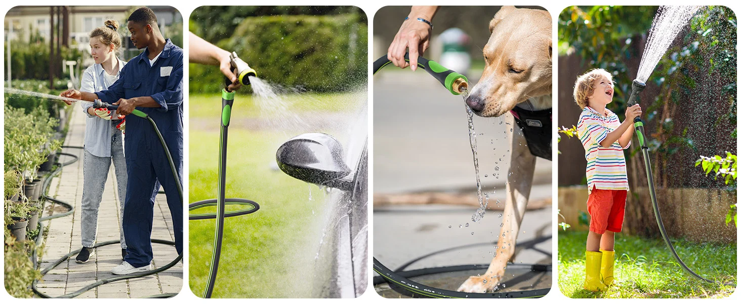 Garden hose in use with a sprayer, watering plants, a dog, and a child, showing innovation and quality