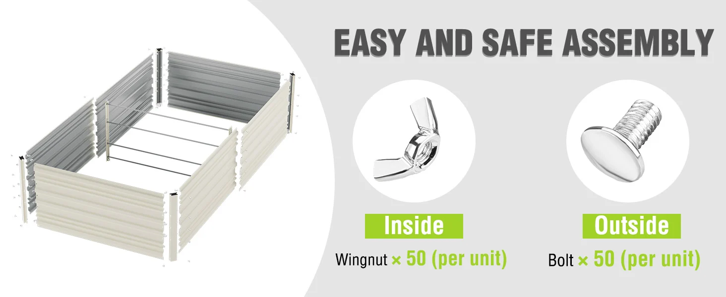 Metal fence frame with sliding panels, easy and safe assembly text, wingnut and bolt hardware shown