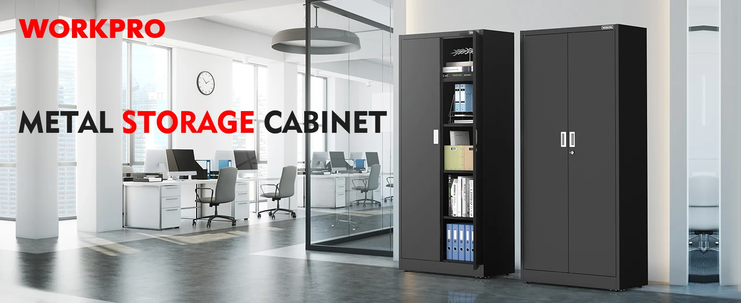 Metal storage cabinet in a modern office with glass doors, showing innovation and quality in a secure durable design