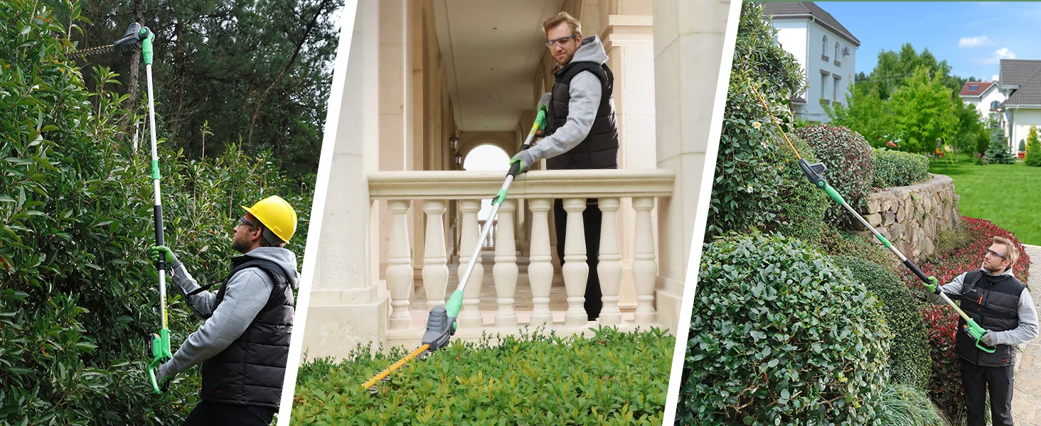 Landscaper with a green hedge trimmer and pole trimmer trimming shrubs and hedges around a house porch