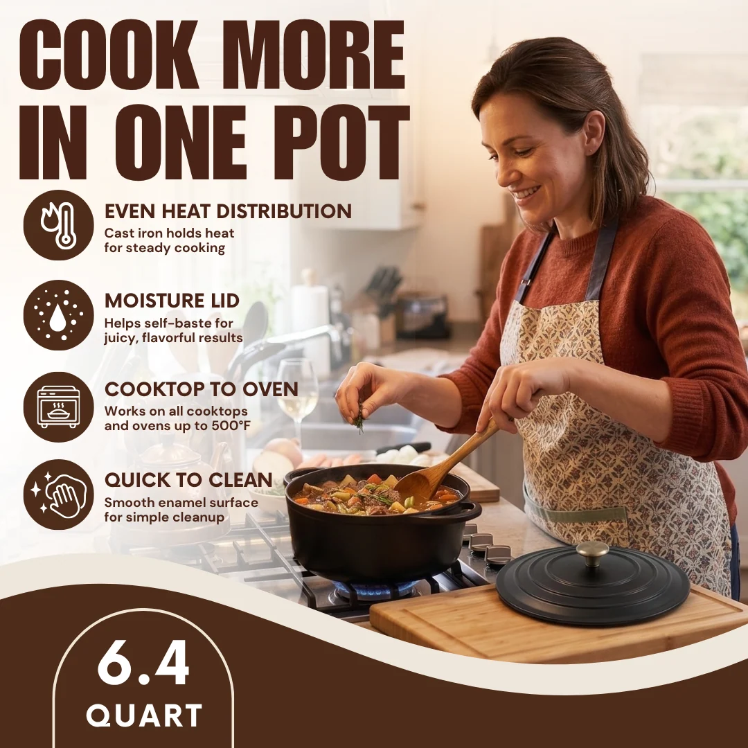 6.4 Quart Enameled Cast Iron Dutch Oven with Lid for Oven Cooking