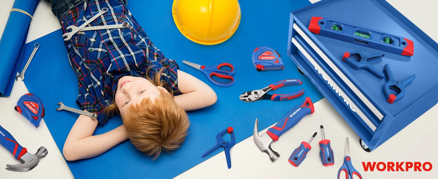 Tools and hardware kit with innovation and quality workwear, featuring a yellow helmet and blue tool case