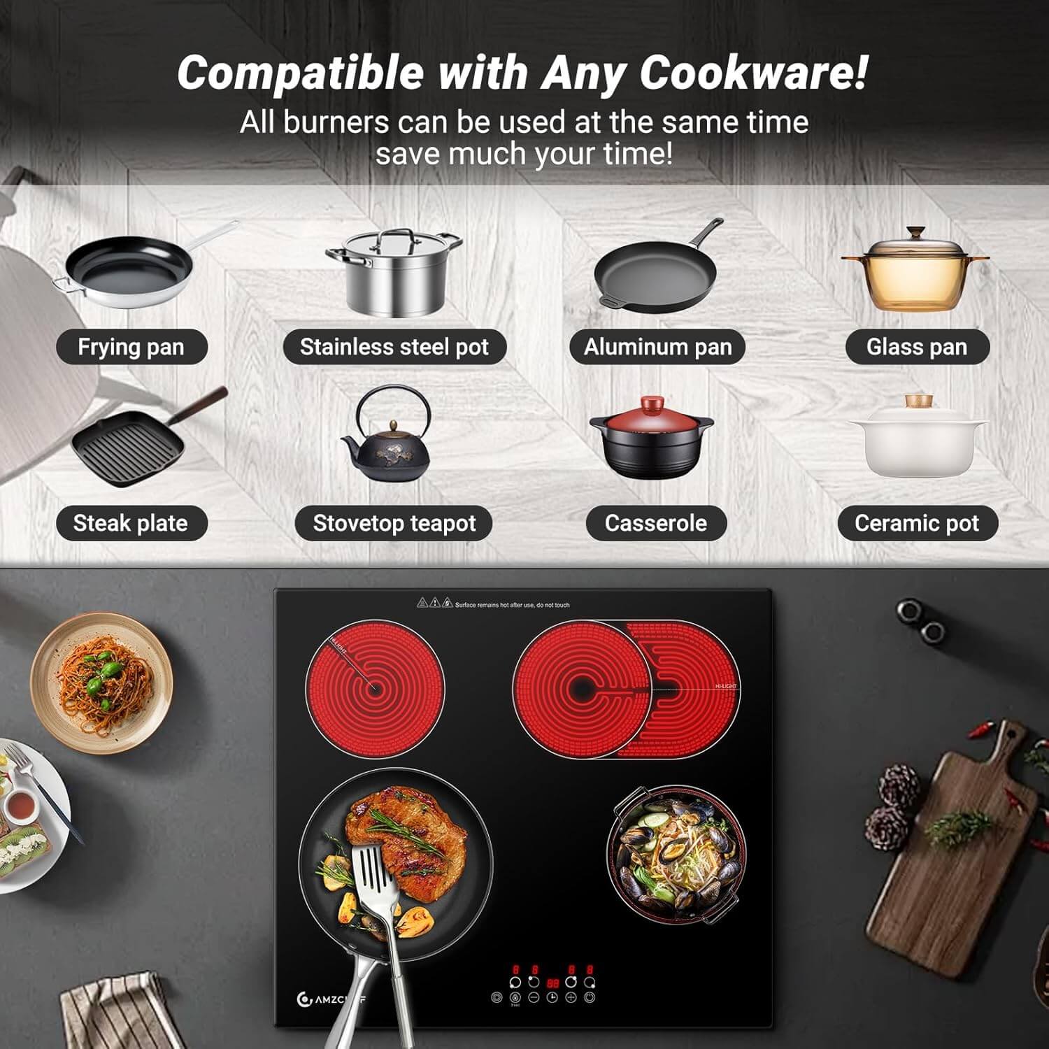 AMZCHEF Built-in Electric Ceramic Cooktop 4 High Power Burners 24 Inch 6700W 4
