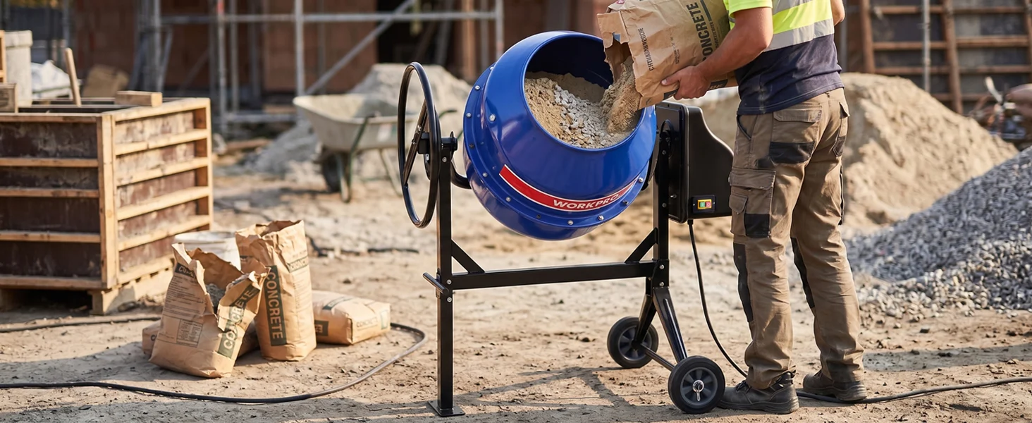 Construction worker pouring concrete from a blue cement mixer, showing innovation and quality on a jobsite