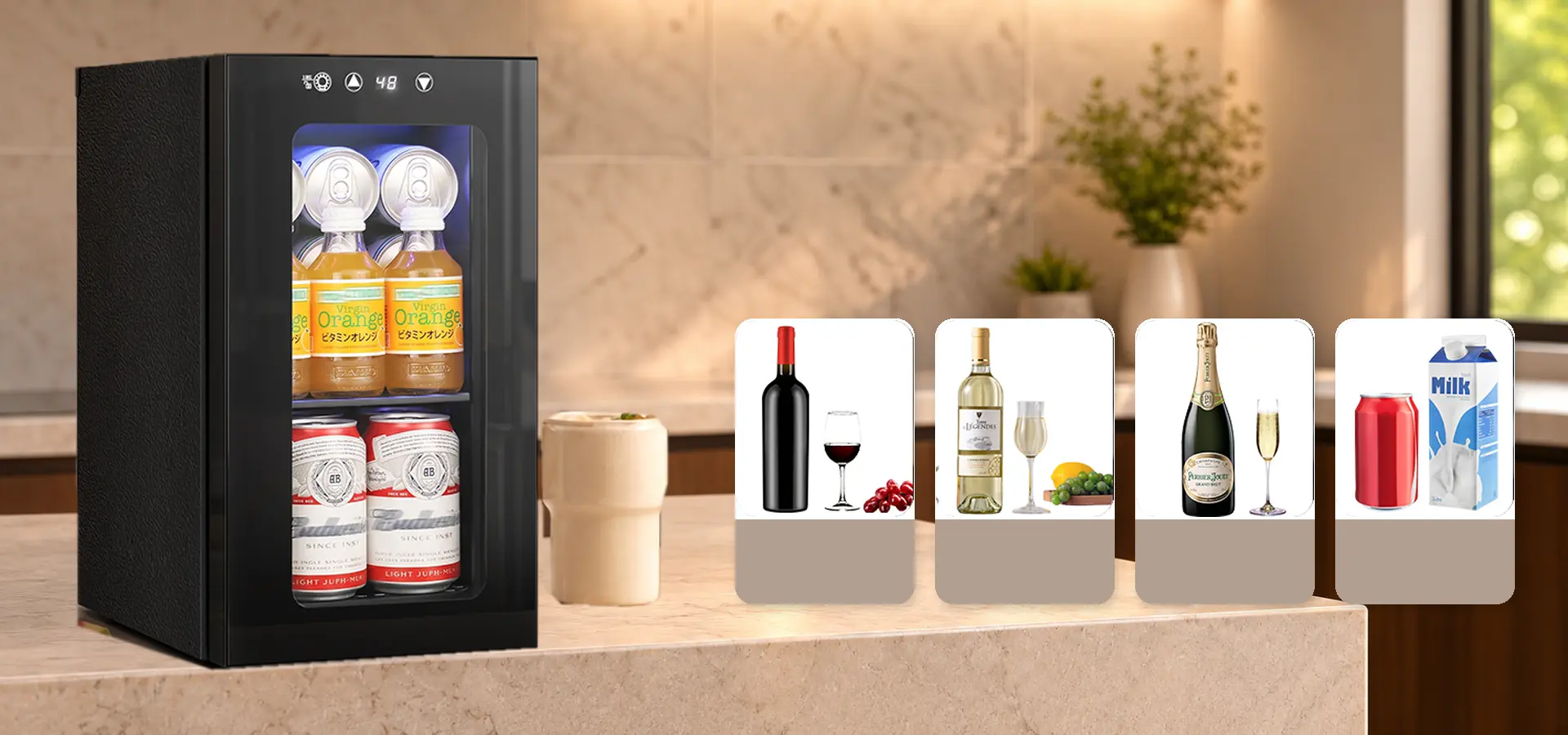 Kismile WC5810 mini beverage refrigerator with wine, champagne, and beverage illustrations