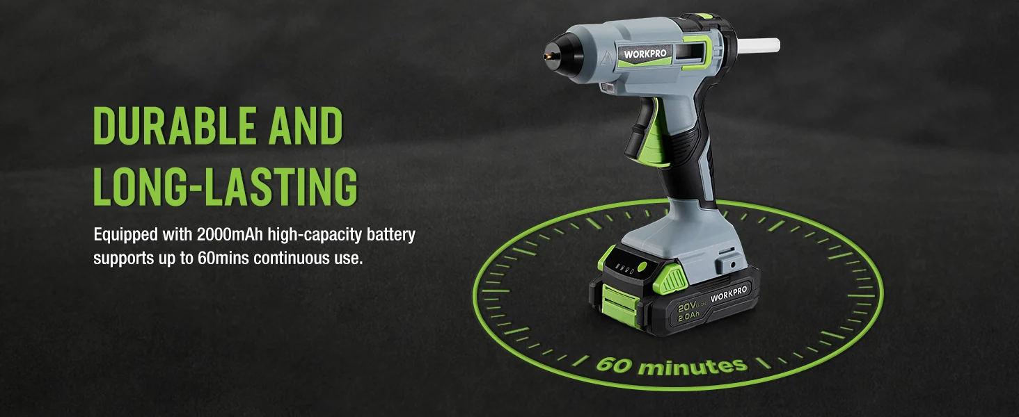 Cordless drill with green accents and battery pack, with innovation and durable quality shown in text