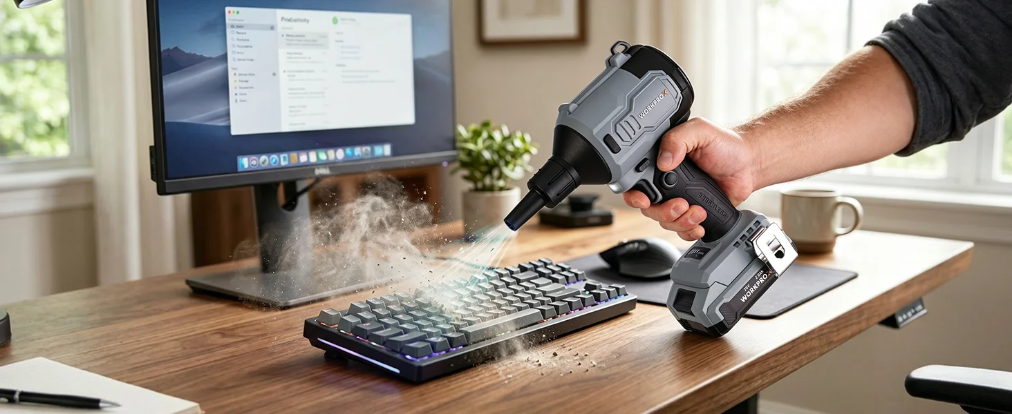 Hand holding a cordless power tool blasting dust from a keyboard on a desk, innovation and quality shown