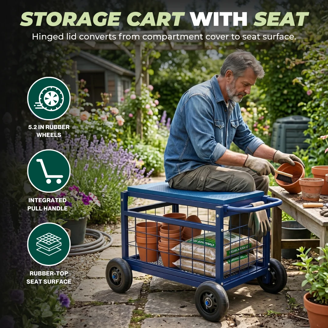 Garden Work Seat Cart with Storage Compartment and Rubber Wheels