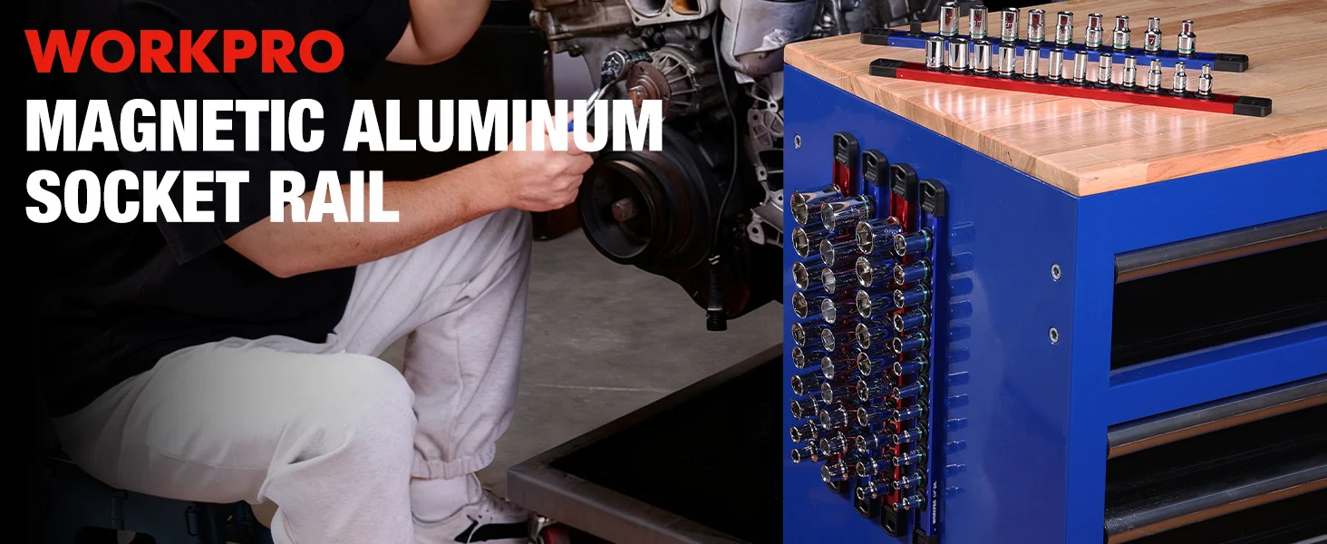 Mechanic installing a socket rail on a blue tool cart, with sockets and tools arranged on a wooden top