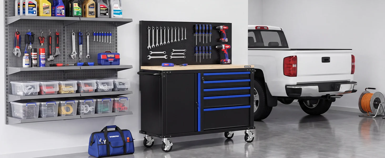 Tool cabinet and garage workbench with drawers, wrenches, and drills, showing innovation and quality in a secure setup