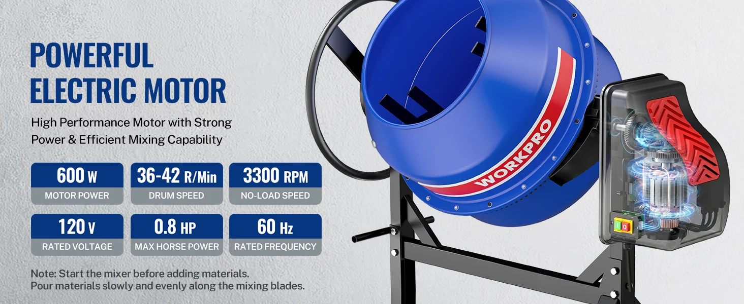 Blue electric motor mixer with power specs and a transparent housing, showing innovation and quality in a secure design