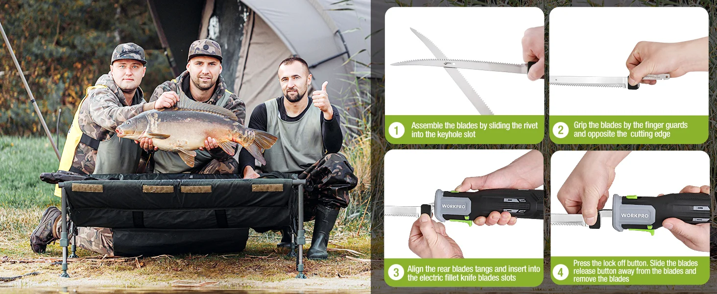 Men in camouflage holding a large fish, with a tent behind them and step cards showing a electric fillet knife