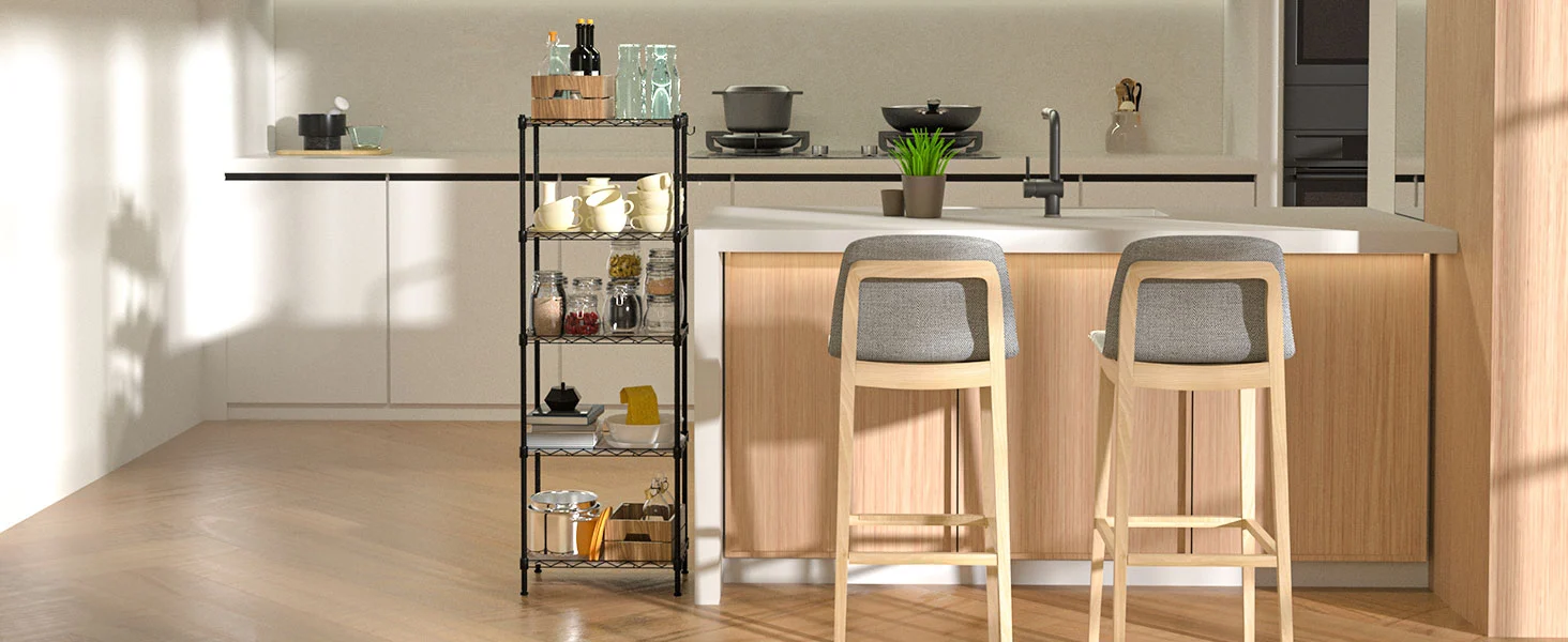 Modern kitchen with wooden bar stools, a metal shelving rack, and cookware arranged on countertops