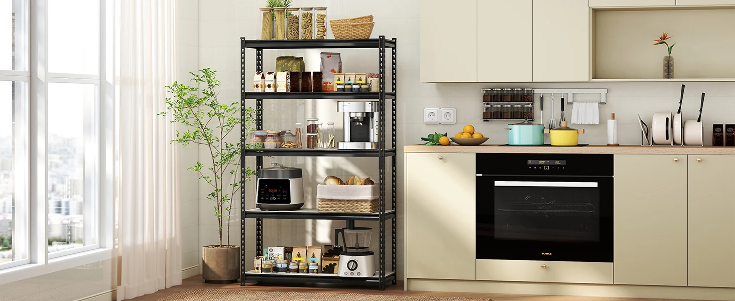 Kitchen shelving and oven in a bright room with jars, cookware, and a potted plant, showing innovation and quality