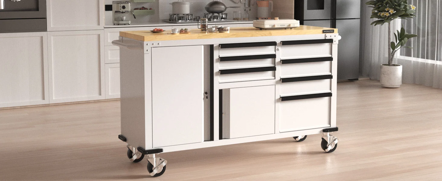 Workbench cart in a bright workshop with drawers and shelves, showing innovation and quality in a clean kitchen