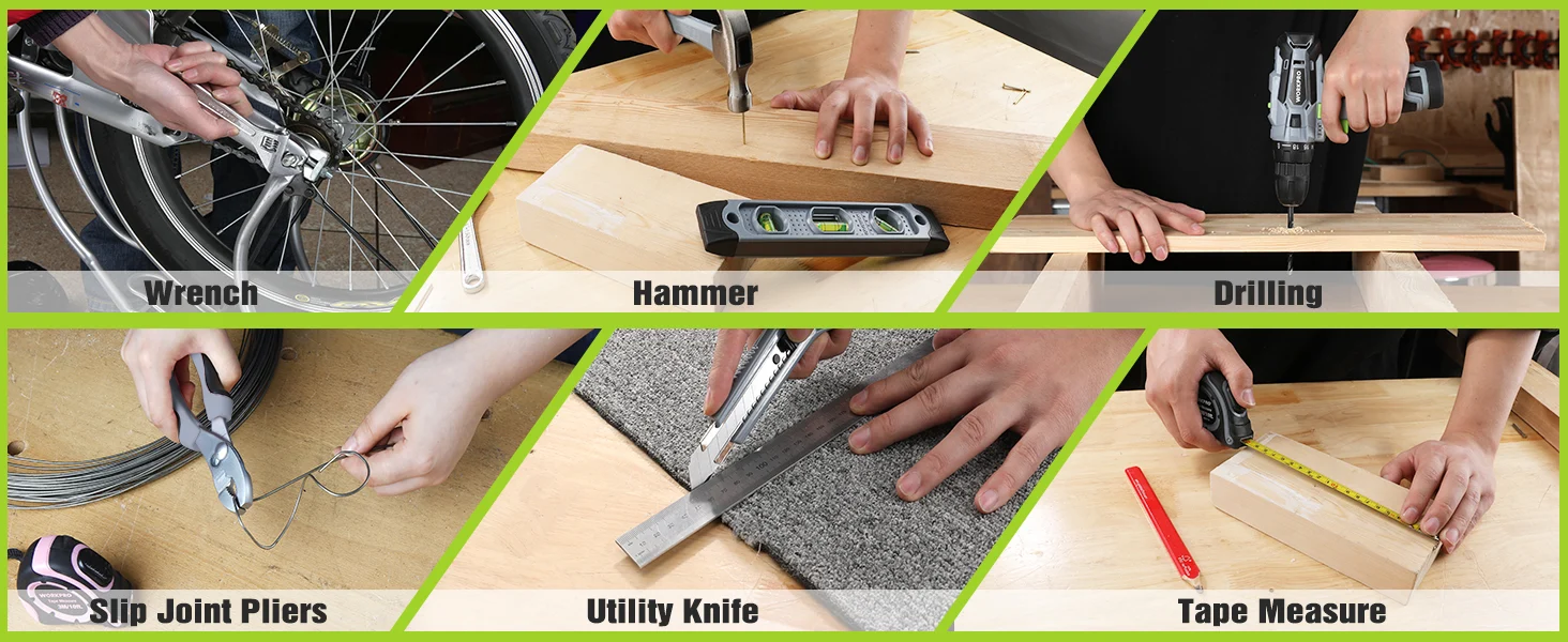 Tools in use for home repairs, showing wrench, hammer, drilling, slip joint pliers, utility knife, and tape measure