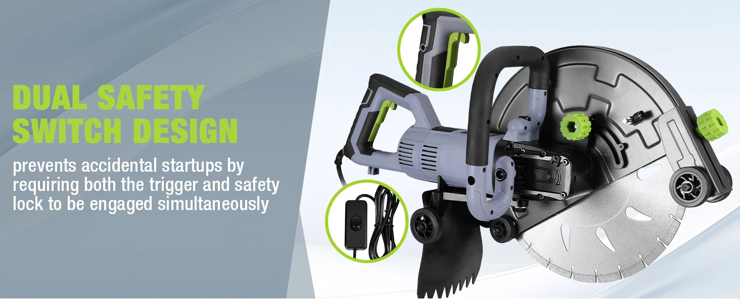 Circular saw tool with dual safety switch design, innovation and quality, showing safety lock and trigger parts