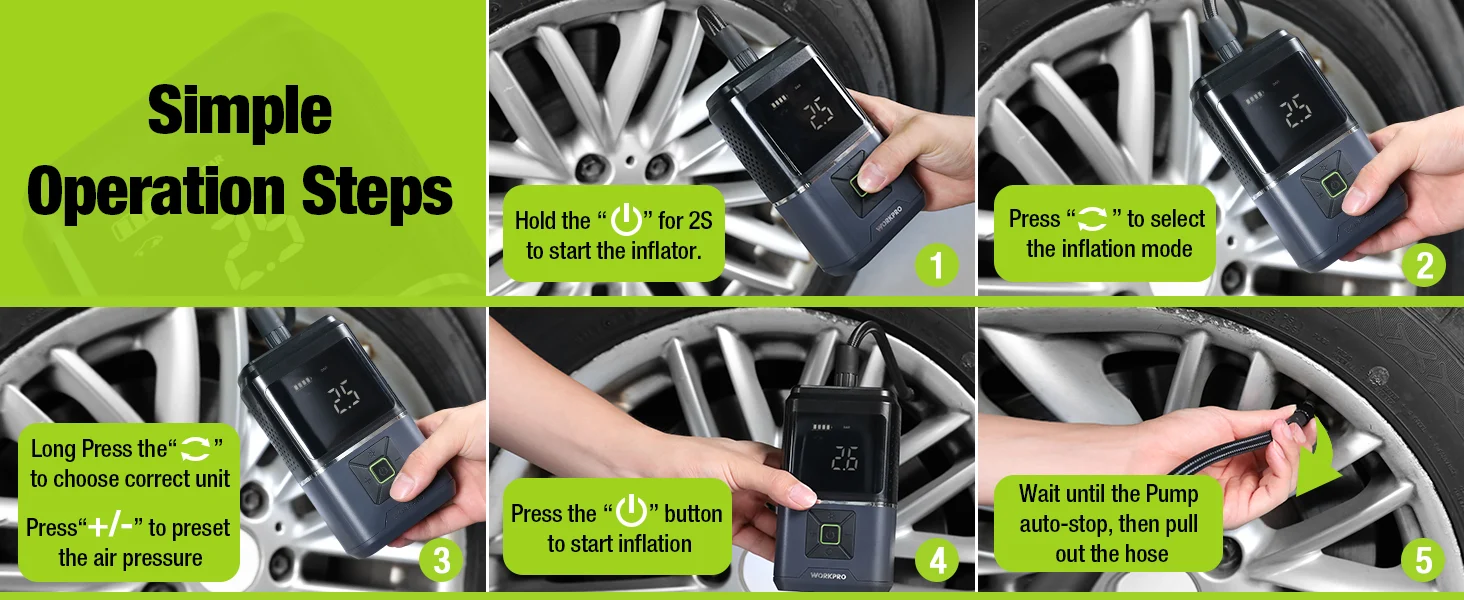 Car tire inflation steps with a handheld pump and step labels, showing button presses and hose removal