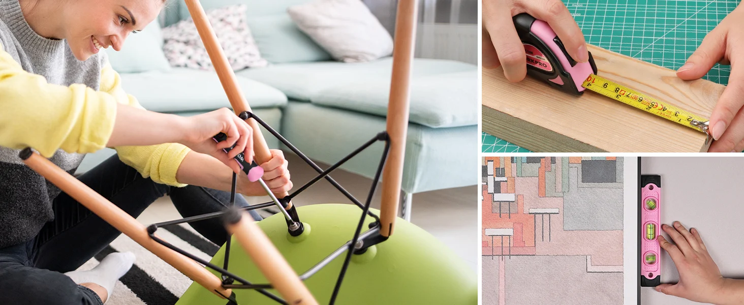 Home improvement tools show innovation and quality, with a tape measure and level on wood and a wall