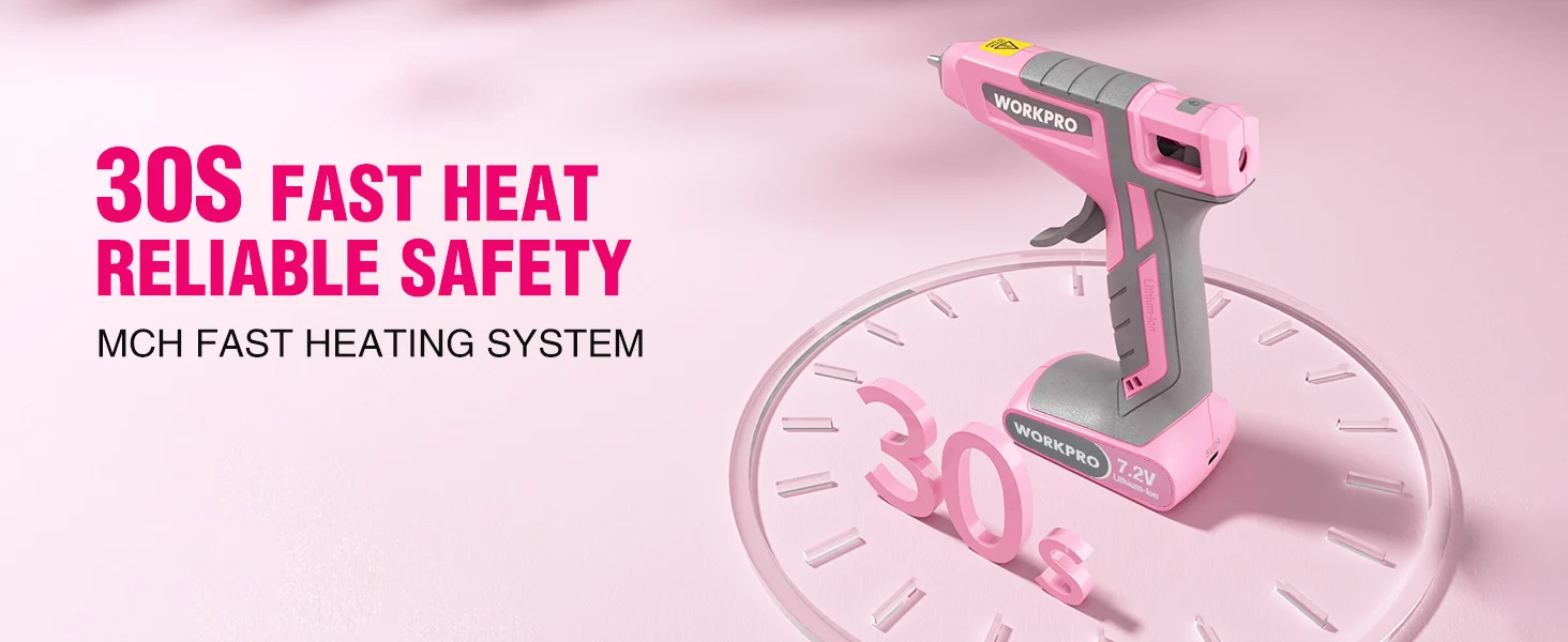 Pink cordless heat gun on a circular base, with WORKPRO label, showing 30s fast heat and reliable safety