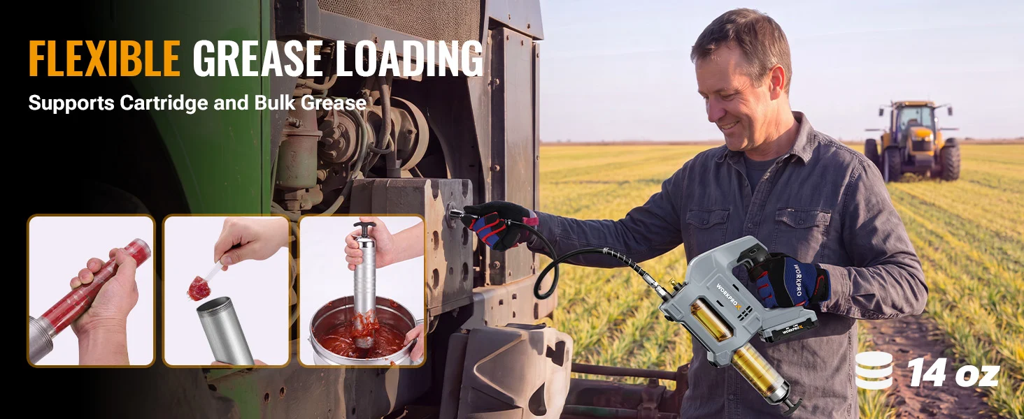 Man in farm field using a grease loading tool on machinery, with visible innovation, quality, and secure design