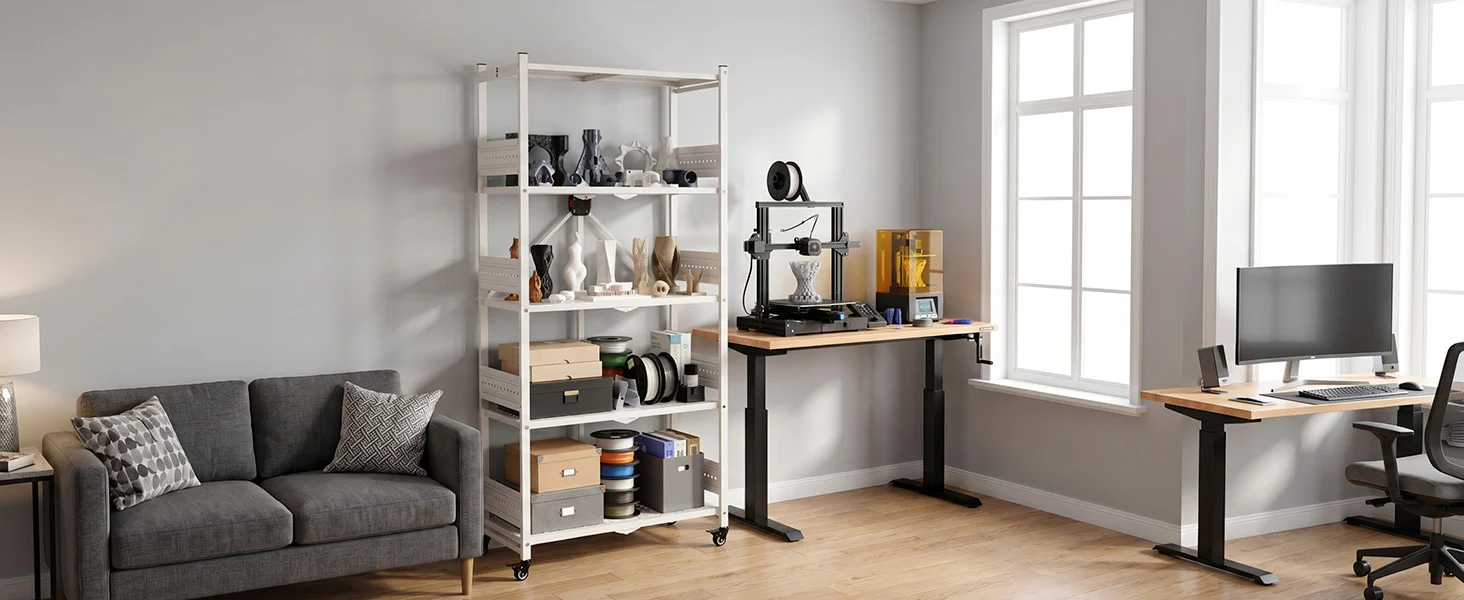 Home office with a white shelving unit, 3D printer on a desk, and a gray sofa by large windows