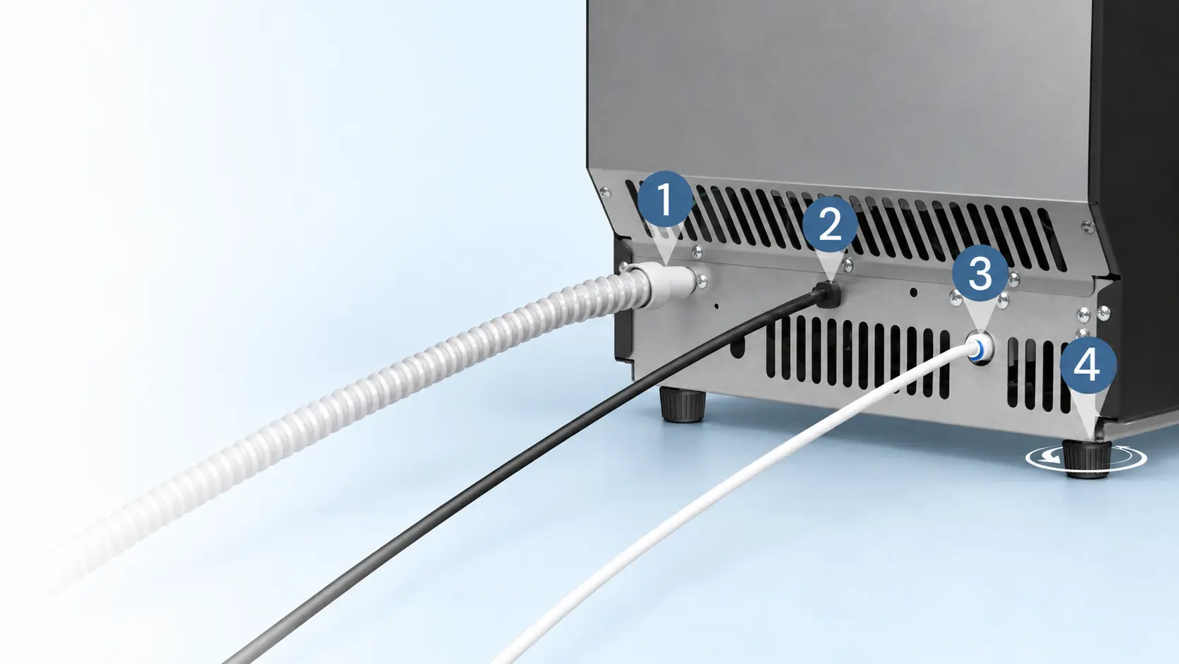 Commercial ice maker drain outlet, power cord, water inlet port and adjustable feet