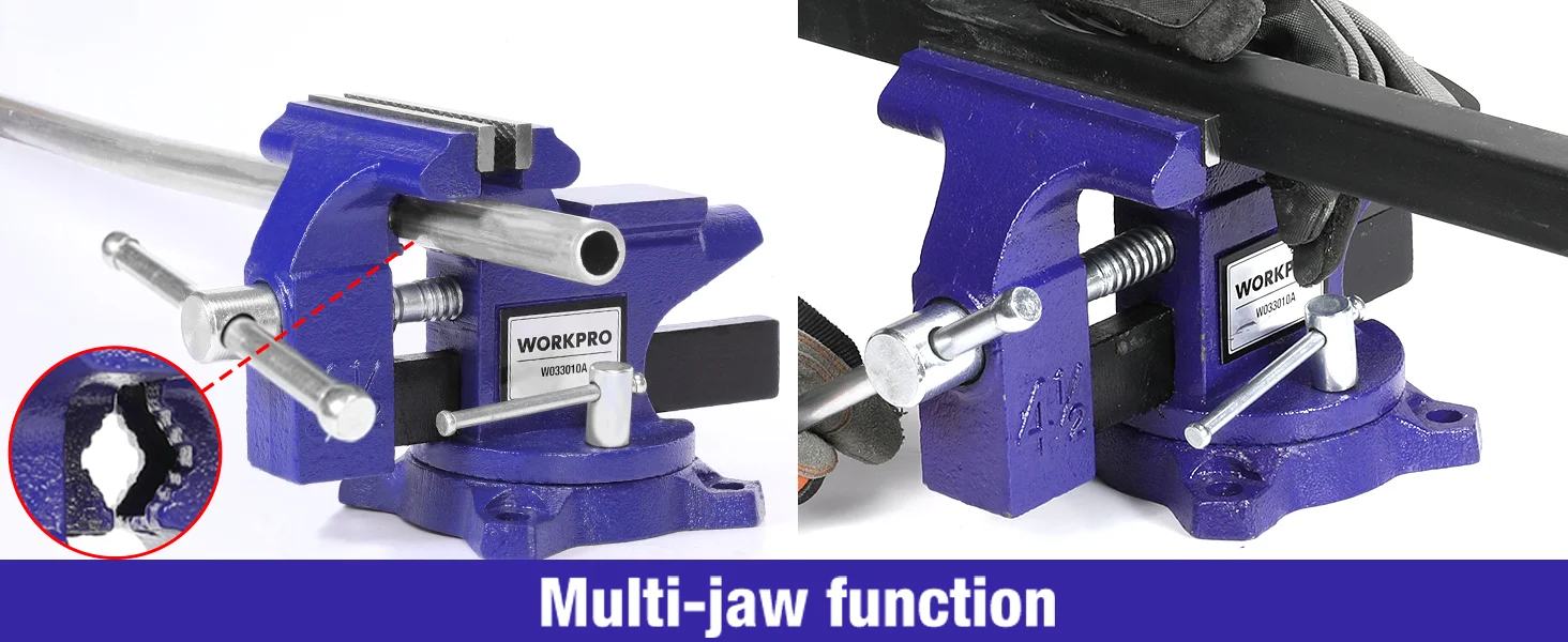 Metal bench vise with blue base, showing jaw alignment and Multi-jaw function, highlighting innovation and quality