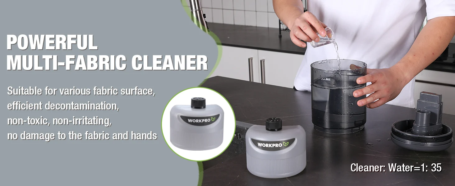 Person pouring water from a container while using a multi fabric cleaner, with innovation and quality focus