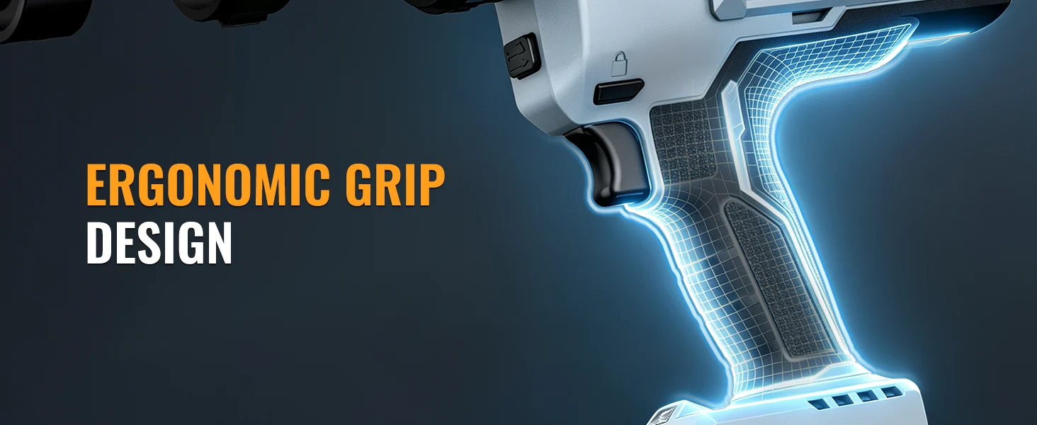 Handheld tool grip with glowing blue grid pattern, showing innovation and quality in a secure design