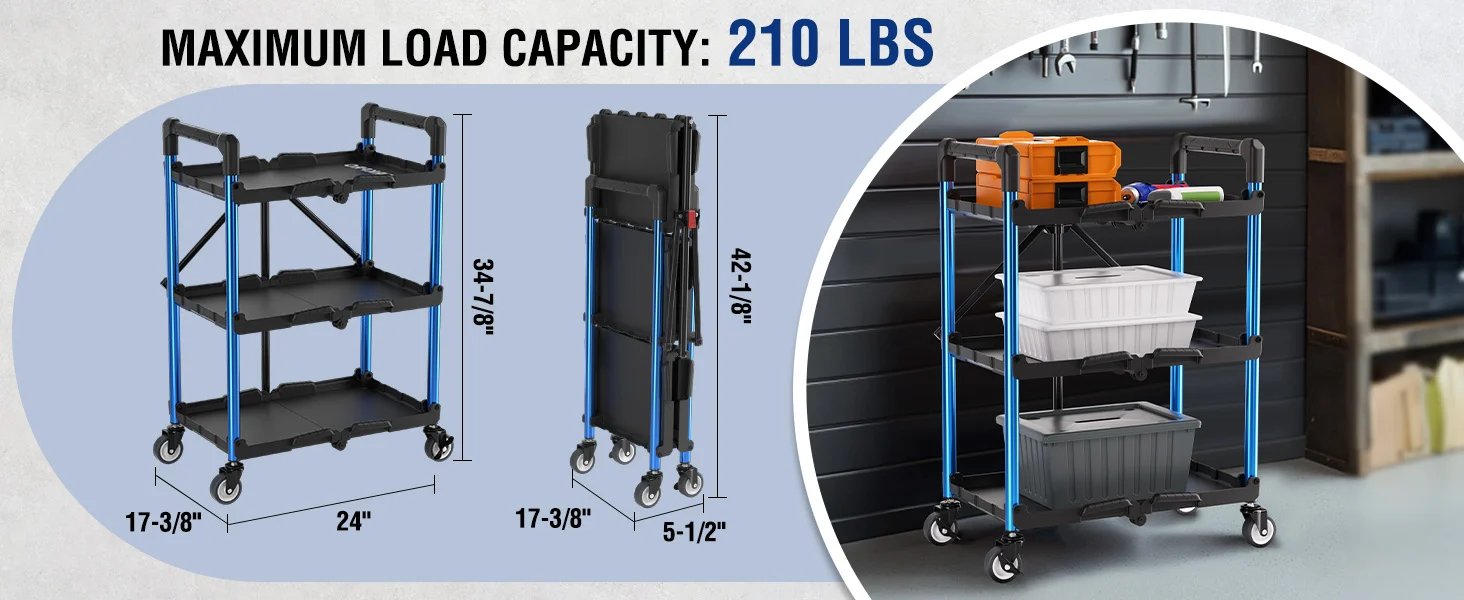 Wheeled utility cart with blue frame and stacked bins, showing innovation, quality, high-quality, secure, durable design