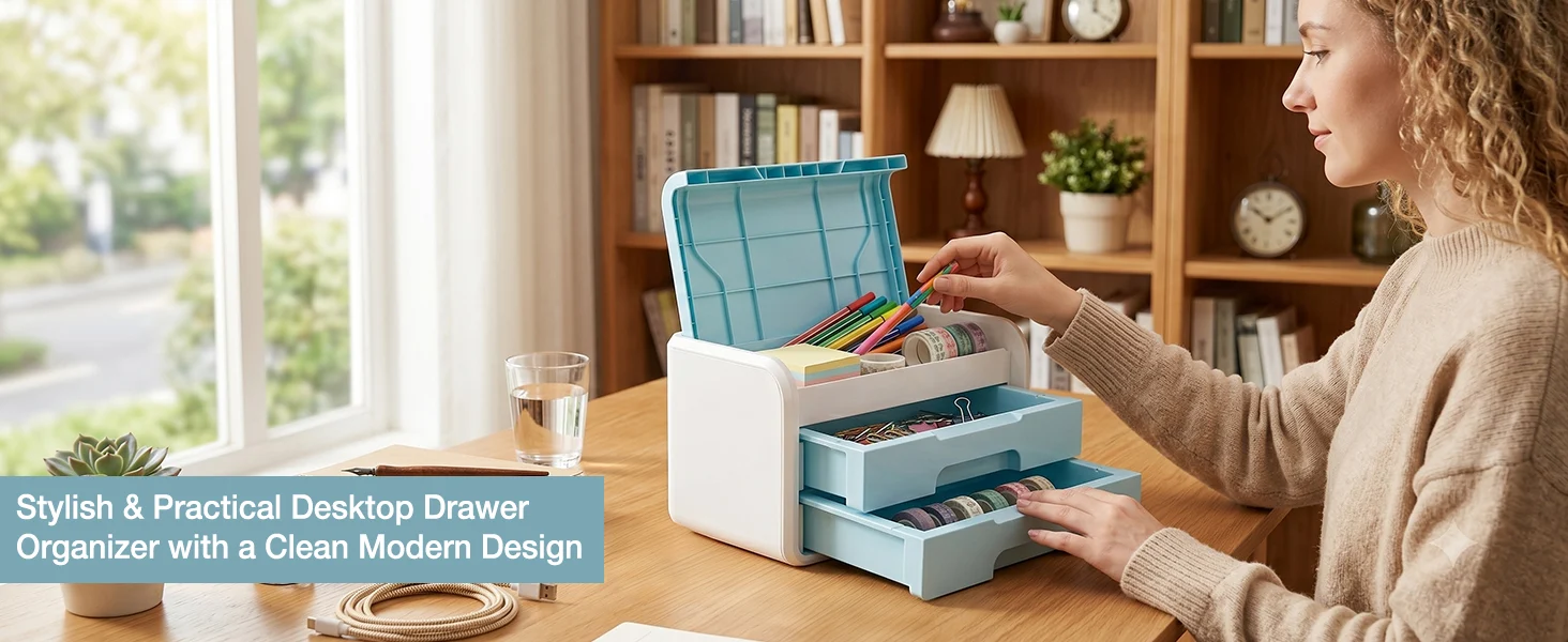 Woman organizing stationery in a blue desktop drawer organizer on a wooden table, with innovation and quality visible