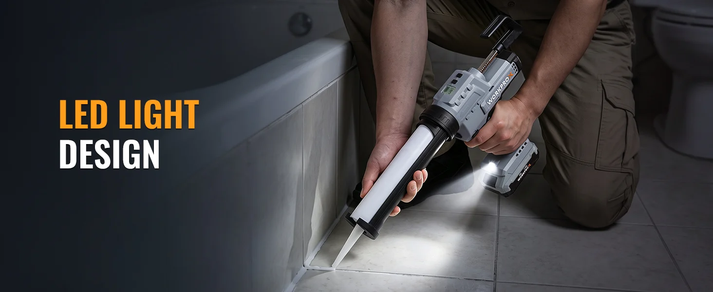 Handheld LED light tool and work light being used to illuminate a tiled floor, with dark background text