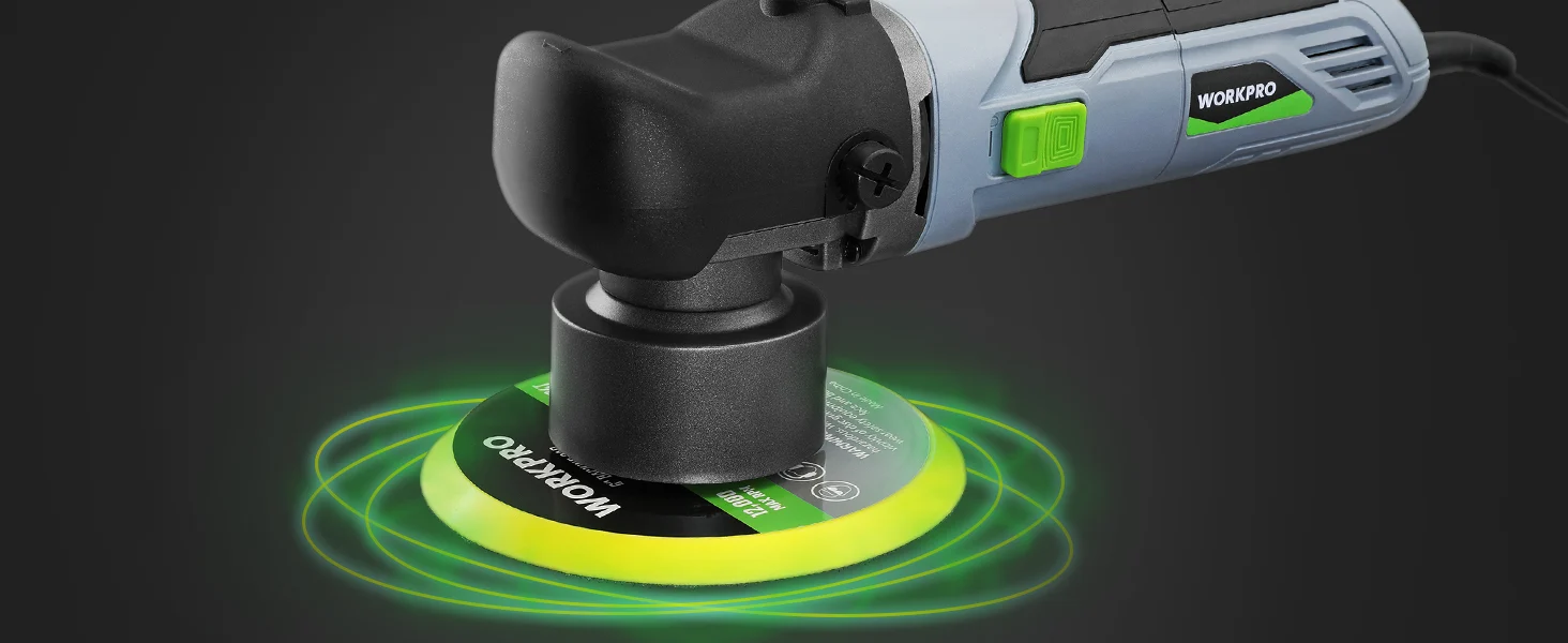 Angle grinder with glowing green cutting disc and visible power tool body, showing innovation and durable quality