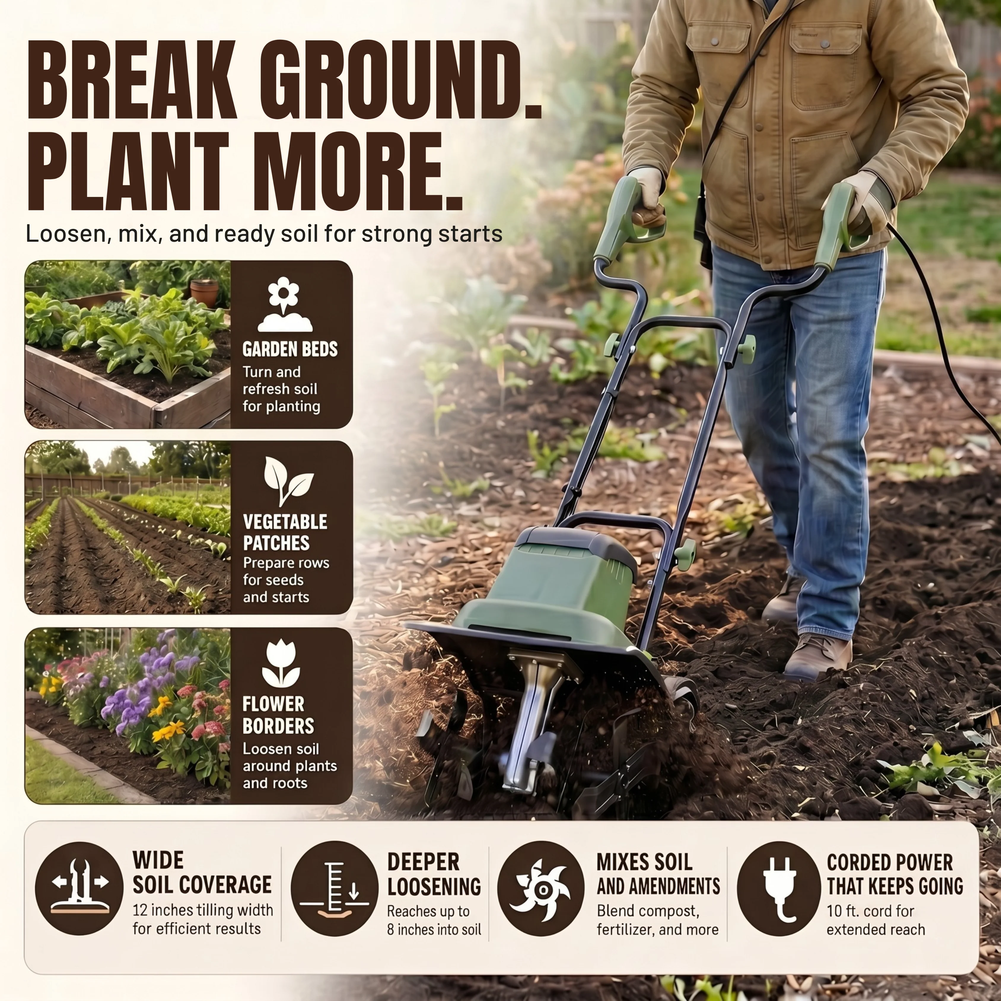 Corded AC Garden Tiller Cultivator 10.5 Amp Soil Rotating System