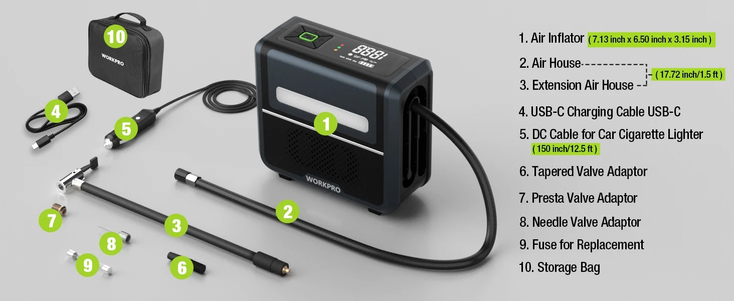 Air inflator kit with digital display, hoses, adapters, and storage bag, showing innovation and durable quality