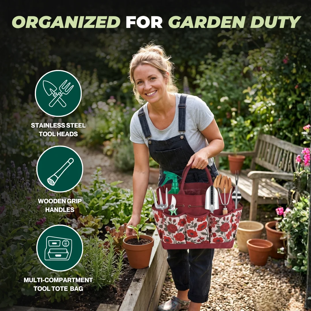 9-Piece Gardening Tool Set with Floral Tote Bag and Hand Tools