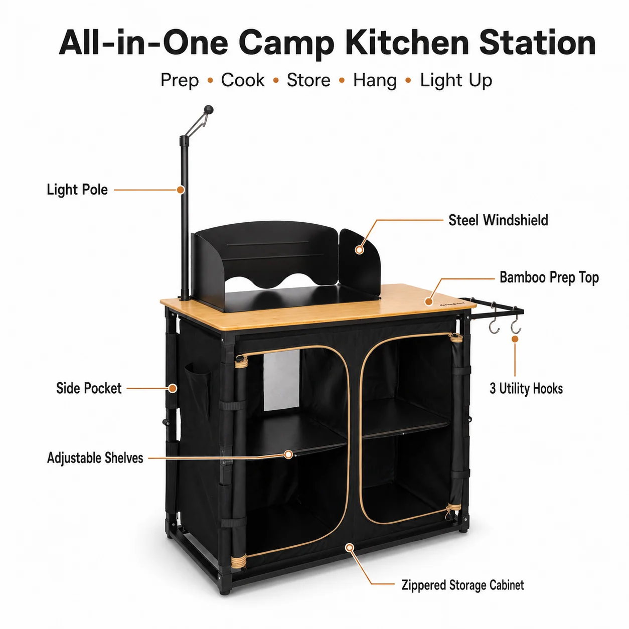 KingCamp Bamboo Camping Kitchen Table with Lantern Stand