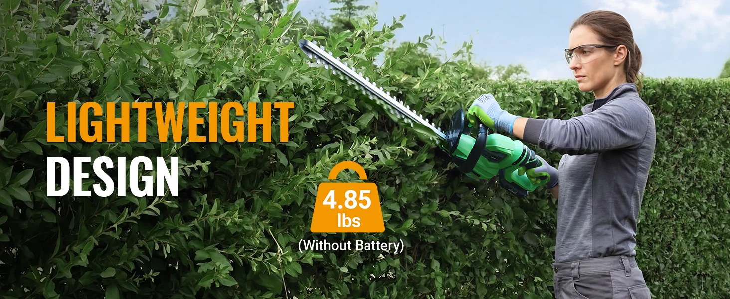 Woman trimming a hedge with a green cordless tool, with innovation and quality shown on the banner