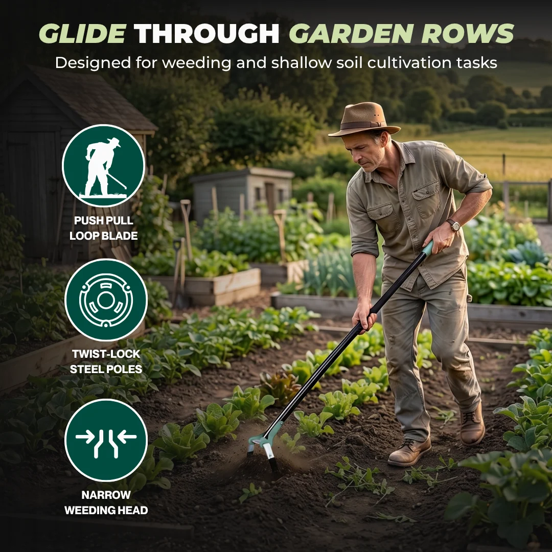 Stirrup Hoe with Adjustable Steel Pole Handle for Garden Weeding