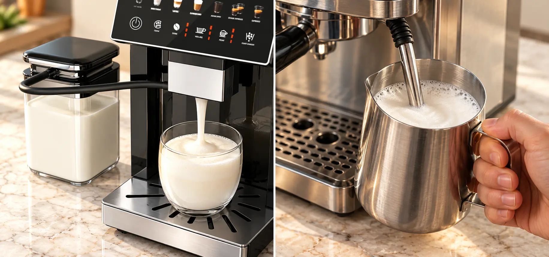 Kismile automatic milk frothing directly into a glass compared with manually holding a milk pitcher under a steam wand