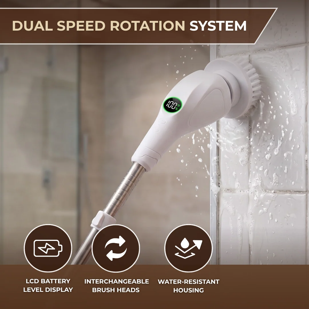 Cordless Spin Scrubber with 8 Brush Heads and Adjustable Handle