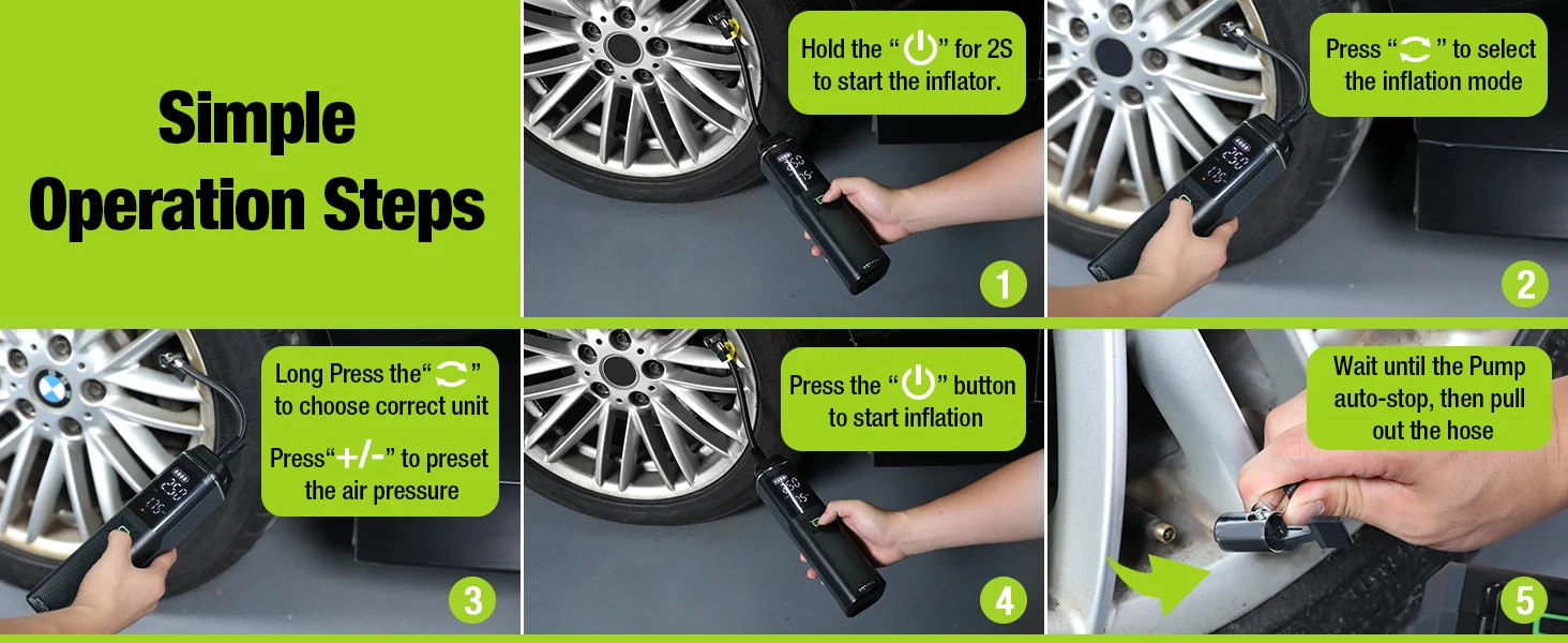 Car tire inflation tool steps with a hand pressing buttons and arrows on a wheel, showing operation steps