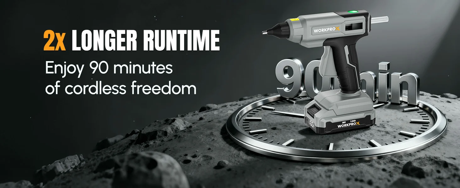 Cordless power drill on a circular charging base with the words 2x longer runtime and 90 minutes