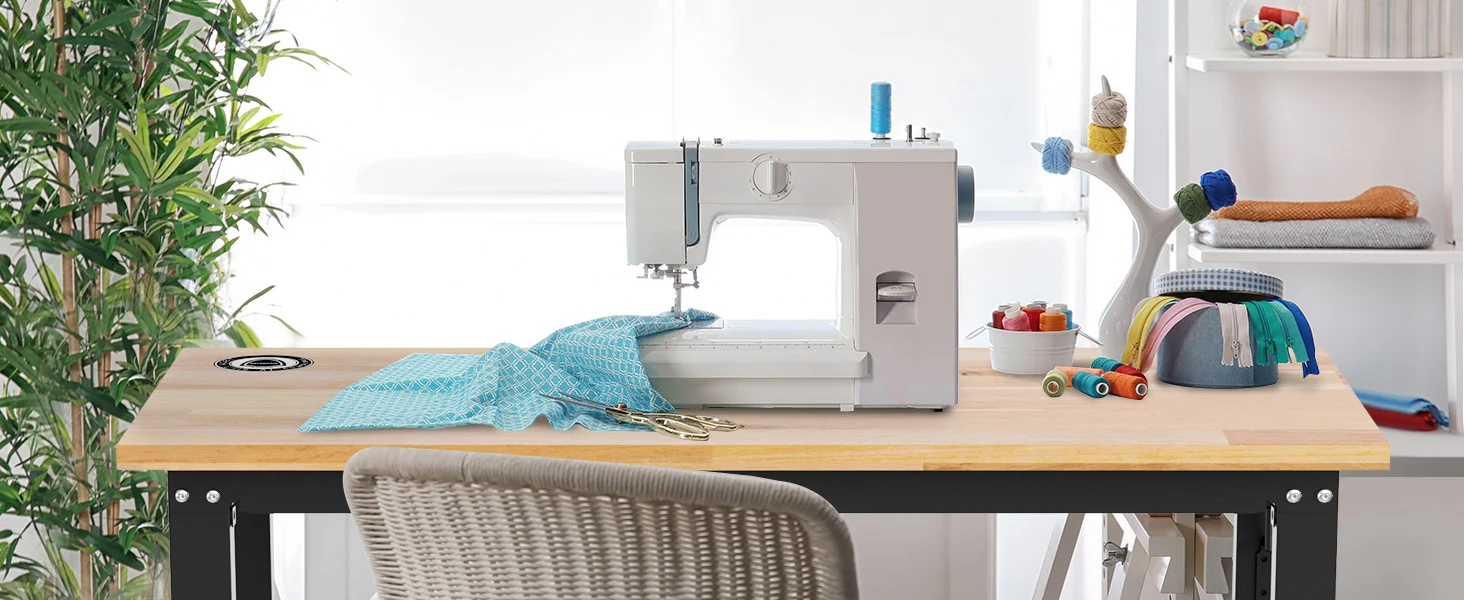 Sewing machine on a wooden table with fabric and threads, showing innovation and quality in a bright room
