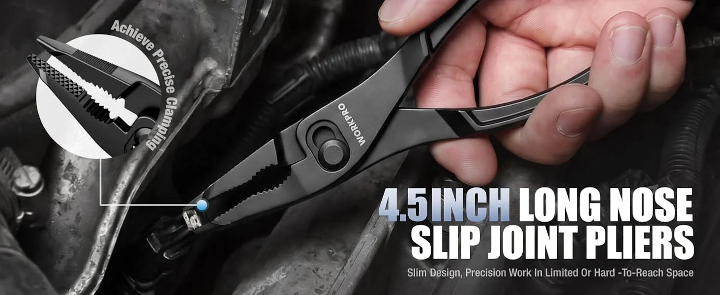 Hand holding long nose slip joint pliers with jaws and text reading 4.5 inch long nose slip joint pliers