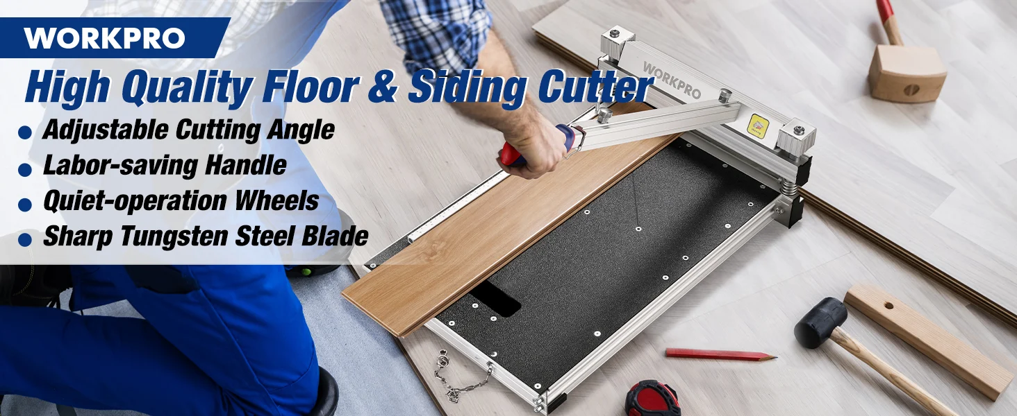 Floor and siding cutter with innovation and quality features, showing a blade, guide rails, and wood panels on tile