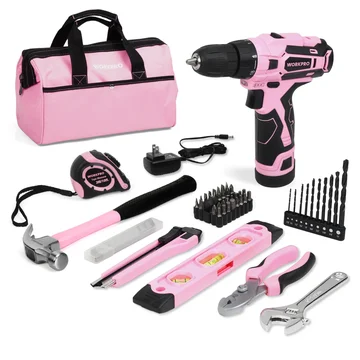 WORKPRO 12V Cordless Drill and Home Tool Kit with 14-inch Storage Bag - Pink Ribbon