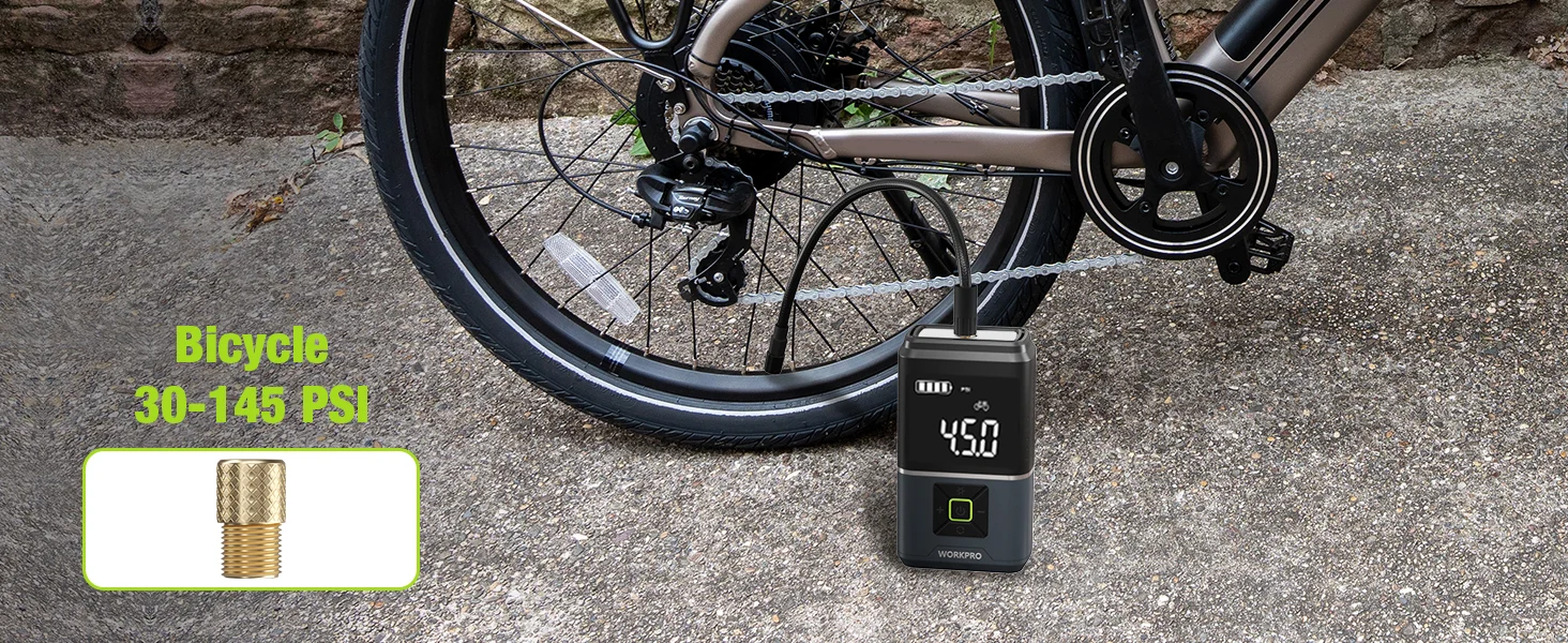 Bicycle wheel on pavement with an air pump display reading 450 PSI, showing innovation and quality