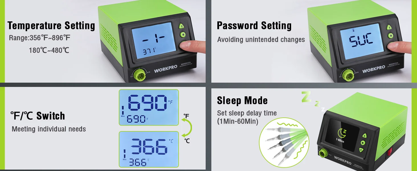 Digital temperature controller with green and black case, showing temperature and password settings on screen
